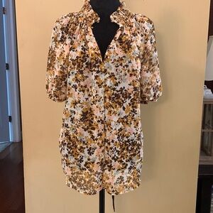 Ces Femme Brown and Black Smocked Short Sleeve Blouse